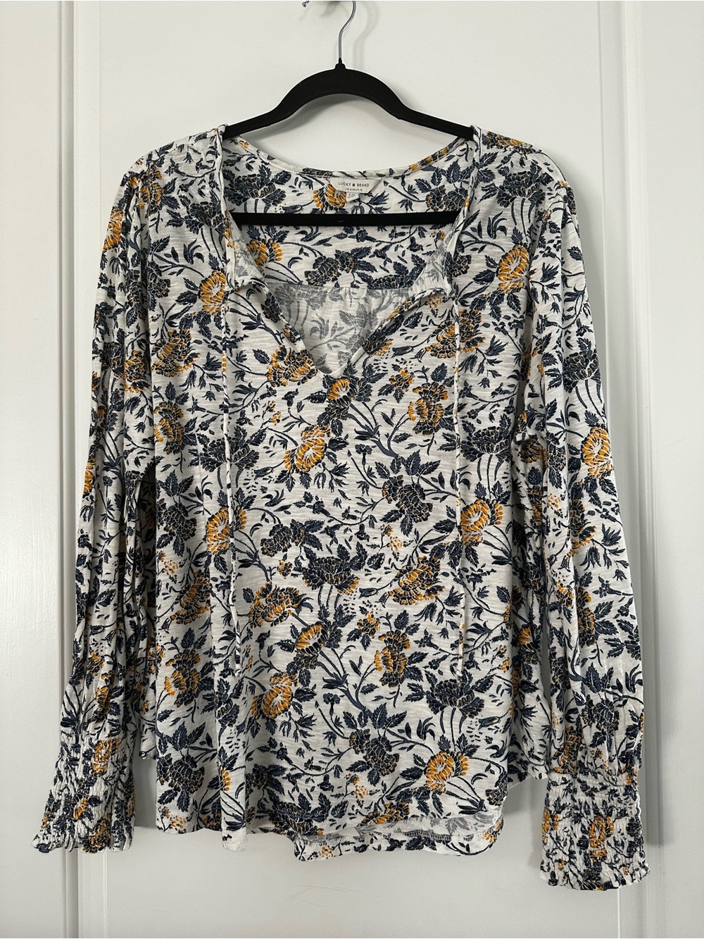 Lucky Brand White Tunic Top with Yellow and Navy Floral Print